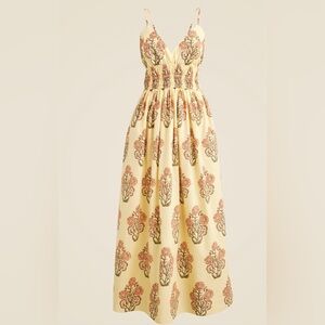 J. Crew Smocked Waist Floral Maxi Dress in Pale Yellow with pockets